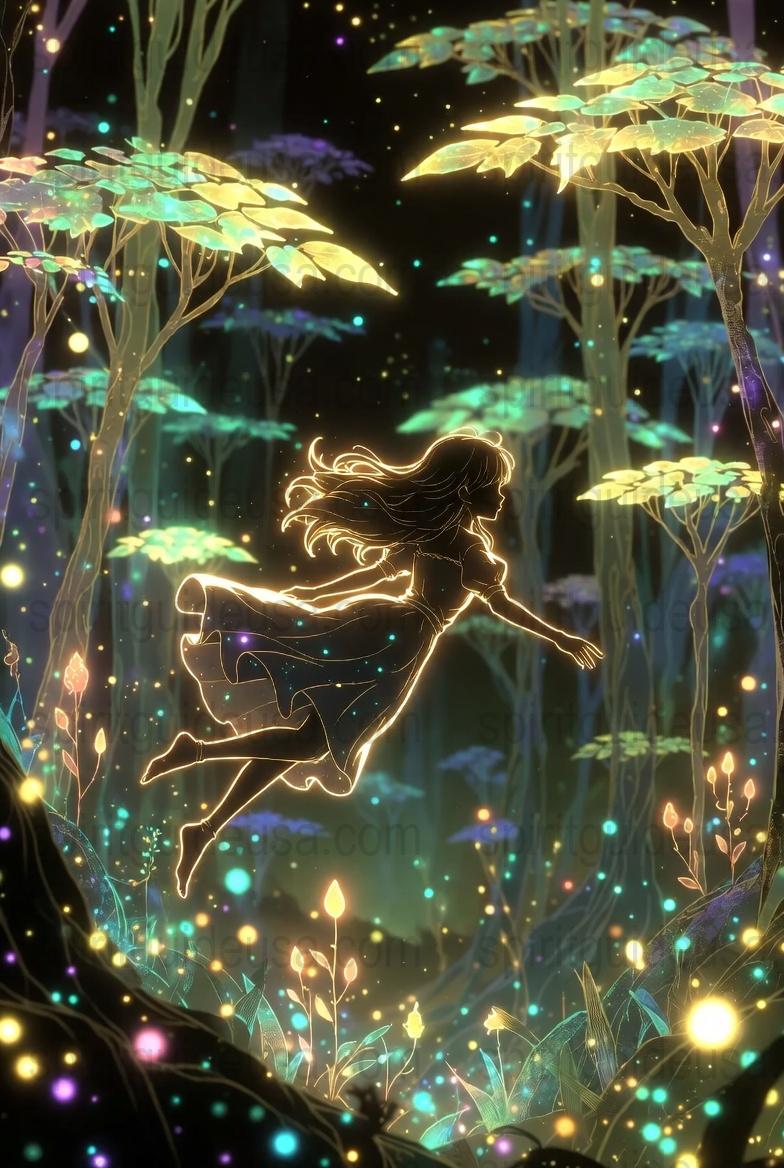 Mystical Forest Night Scene, Enchanted Glowing Trees, Fantasy Art Print, Girl Running in Magical Woods, Celestial Wall Decor, Poster Gift