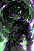 Anime Style Wall Art, Cool Male Character with Green Aura, Vibrant Poster for Room Decor, Manga Enthusiasts Gift Idea