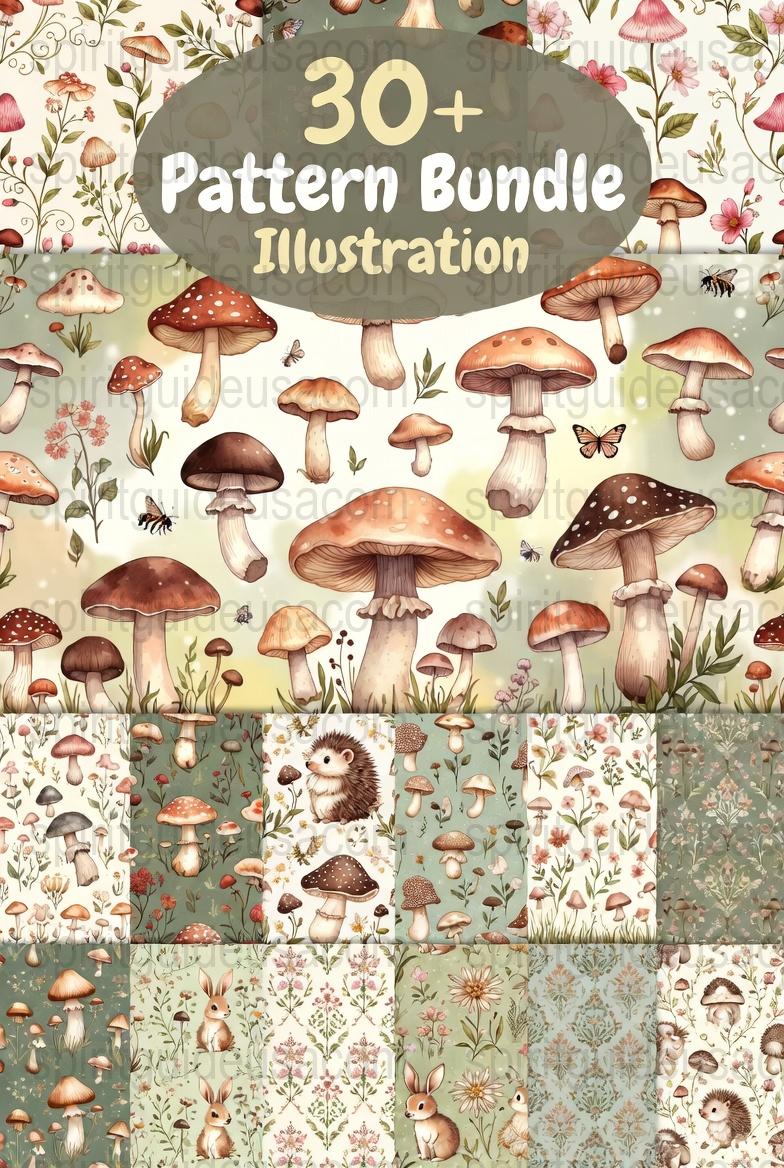 Mushroom Illustration Bundle, Vintage Style Digital Paper, Woodland Patterns, Scrapbooking, Craft Supplies, Printable Backgrounds