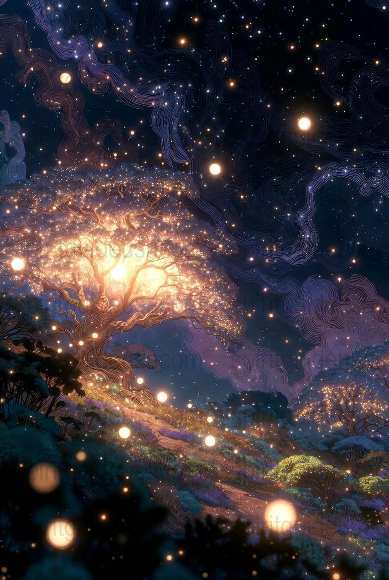 Enchanted Forest Night Sky Art Print, Mystical Tree Starry Night Poster, Fantasy Nature Wall Decor, Magical Landscape Illustration