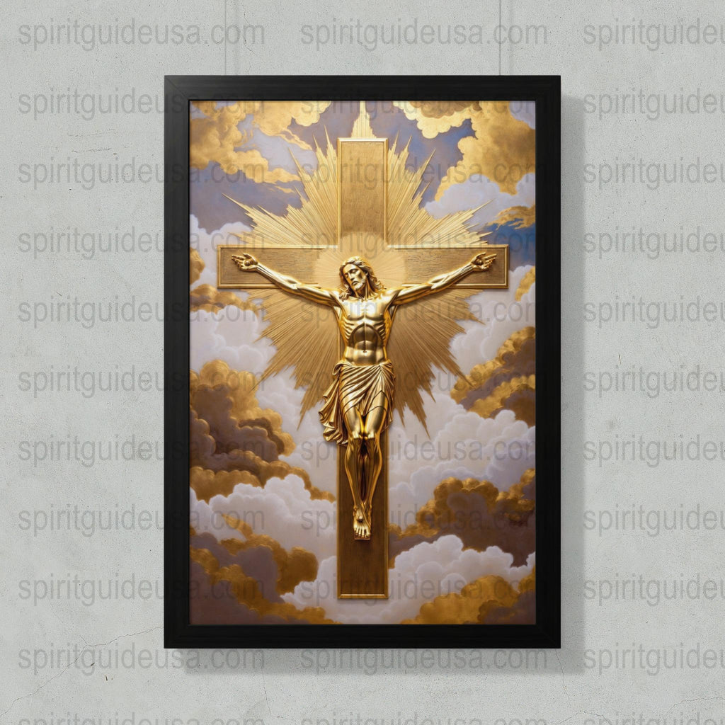 Framed Golden Jesus Statue Art Print, Religious Wall Decor, Christian Symbol, Inspirational Home Decoration, Spiritual Gift Idea