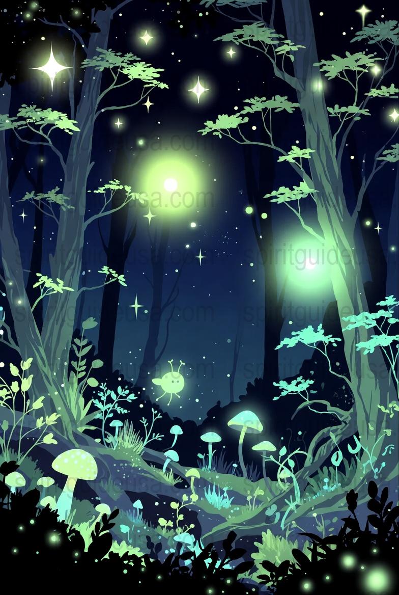 Enchanted Forest Night Scene Poster, Starry Sky Magical Woods, Moonlight Glow Art Print, Mystical Nature Wall Decor, Tranquil Bedroom