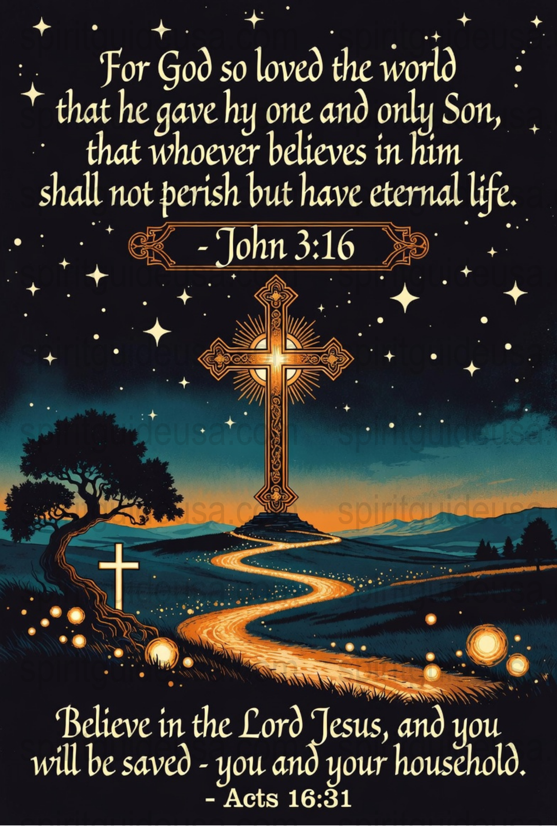 Christian Wall Art Print, John 3:16 Bible Verse, Inspirational Religious Decor, Gold Cross and Starry Night Sky, Spiritual Gift Idea