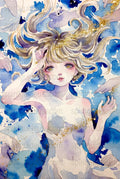 Fantasy Watercolor Print, Surreal Anime Girl with Gold Accents, Celestial Art, Blue and Gold Decor, Whimsical Wall Art, Unique Gift Idea