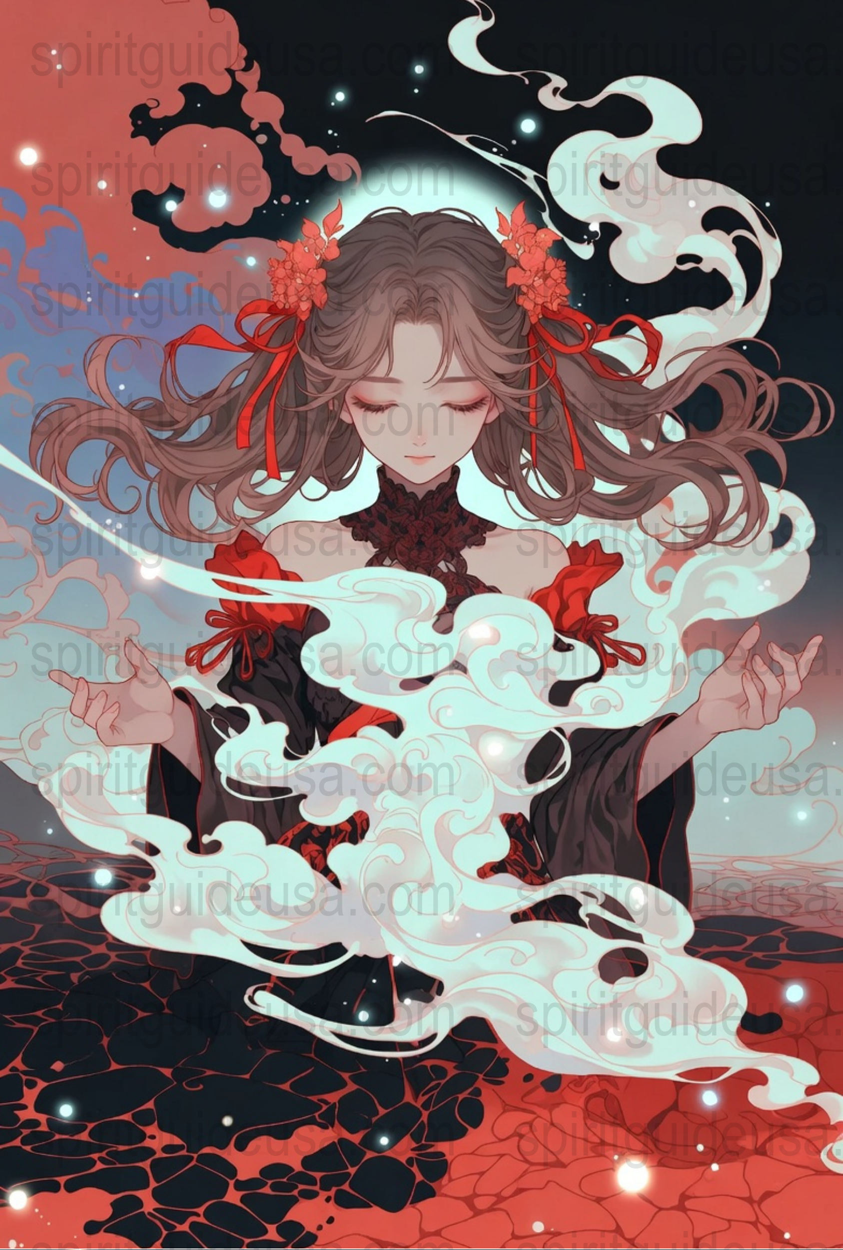 Fantasy Anime Art Print, Mystical Woman with Floating Orbs, Red Floral Headdress, Surreal Home Decor Wall Art