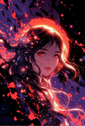 Vibrant Fantasy Anime Art Poster, Cosmic Girl with Red Nebula, Starry Night Sky Print, Wall Decor for Bedroom or Office