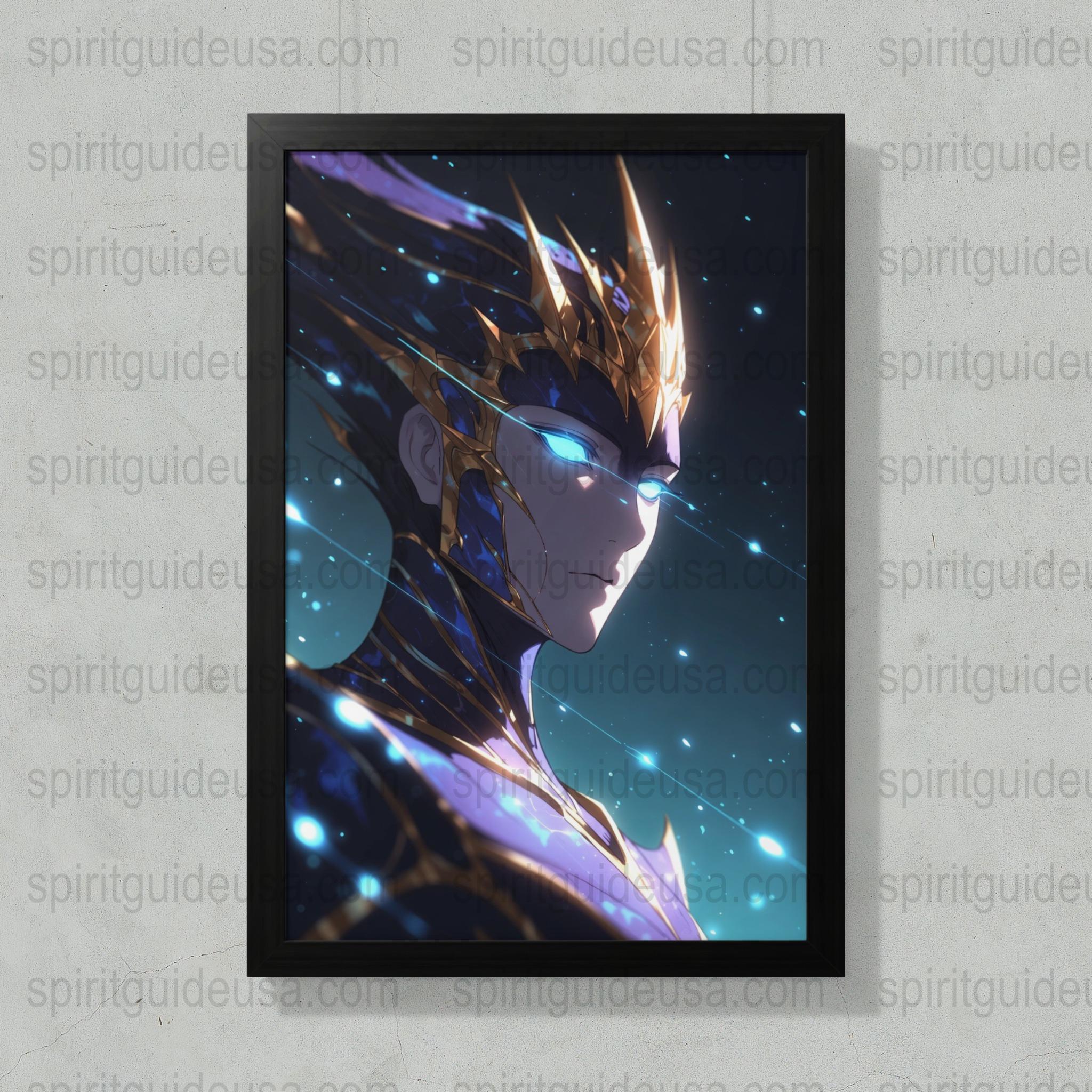 Anime Wall Art Print, Vibrant Warrior Character Illustration, Framed Cosmic Blue Poster, Unique Home Decor, Gift for Manga Fans