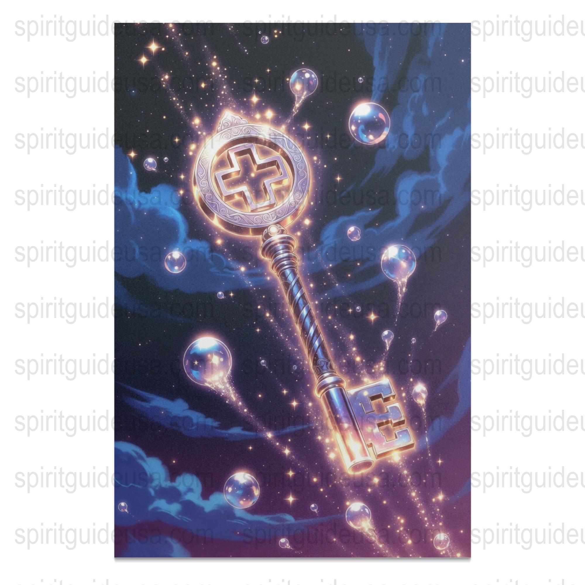 Mystical Key Art Print, Celestial Space Poster, Magical Wall Decor, Fantasy Light and Stars Illustration