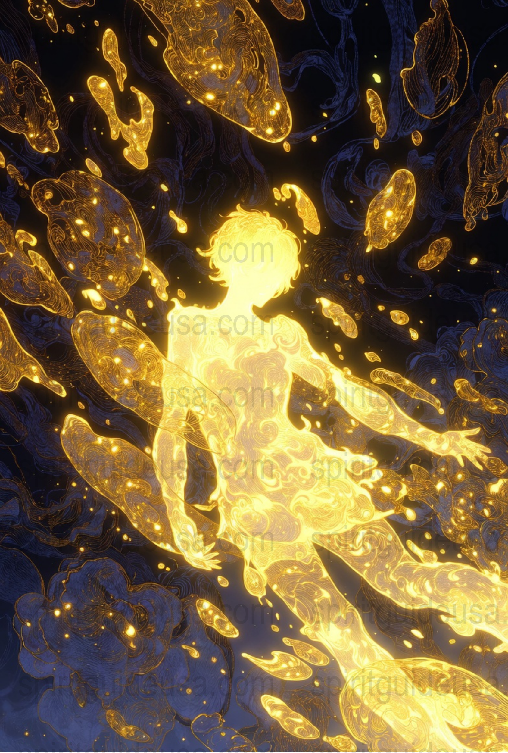 Abstract Golden Swirl Canvas Art, Luminous Yellow and Blue Modern Wall Decor, Contemporary Fluid Art Painting for Home