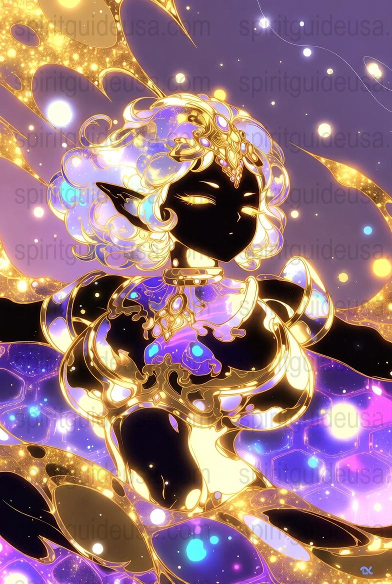 Celestial Art Print, Golden Fantasy Cosmic Elf, Starlit Night, Mystical Space Decor, Wall Hanging, Unique Illustration, Gift Idea