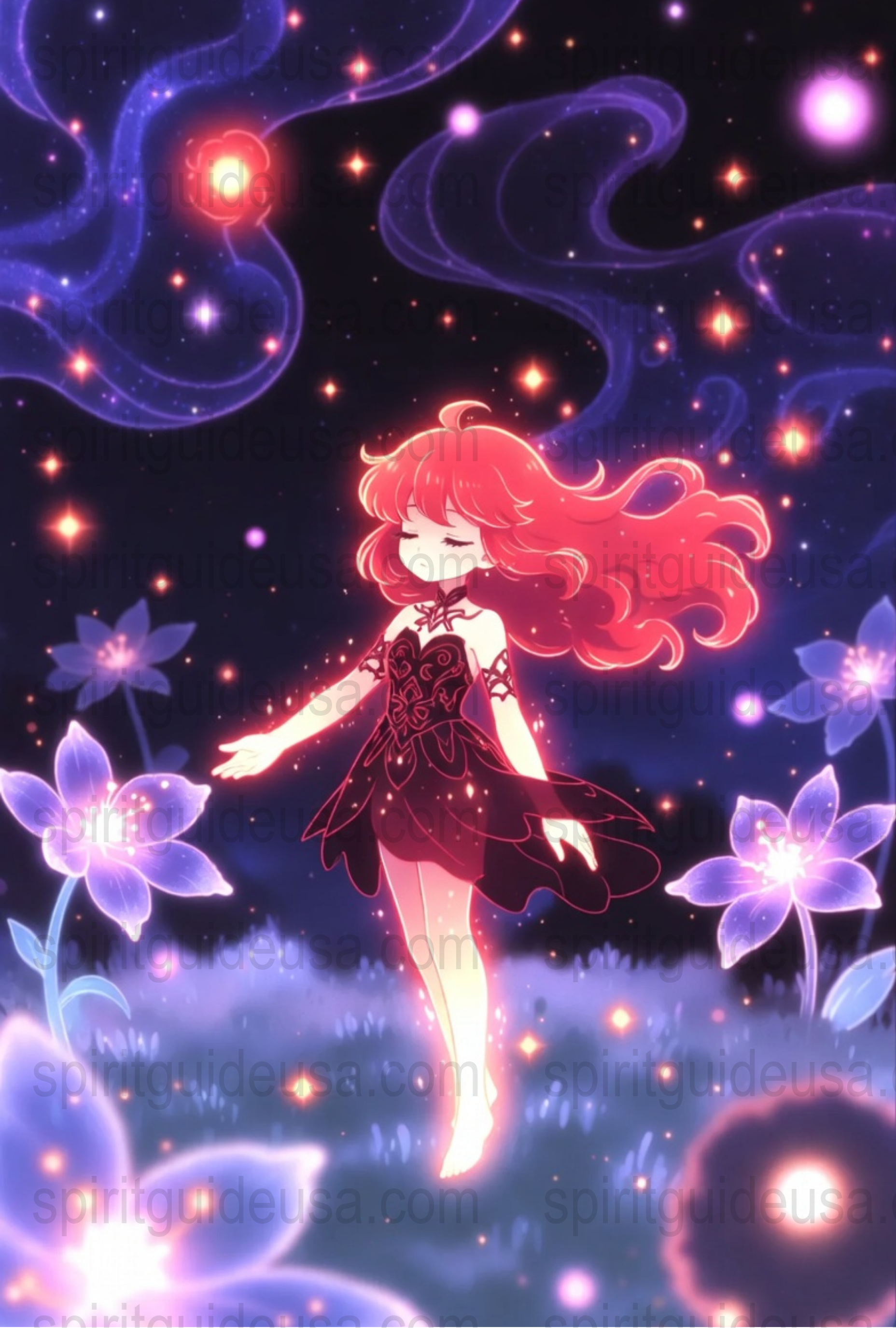 Fantasy Anime Art Print, Magical Girl with Red Hair and Stars, Blue Floral Night Sky, Decorative Wall Art, Vibrant Poster