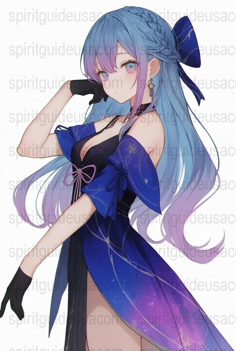 Anime Girl Wall Art, Blue Hair, Purple Dress, Elegant Poster, Bedroom Decor, Manga Style Illustration
