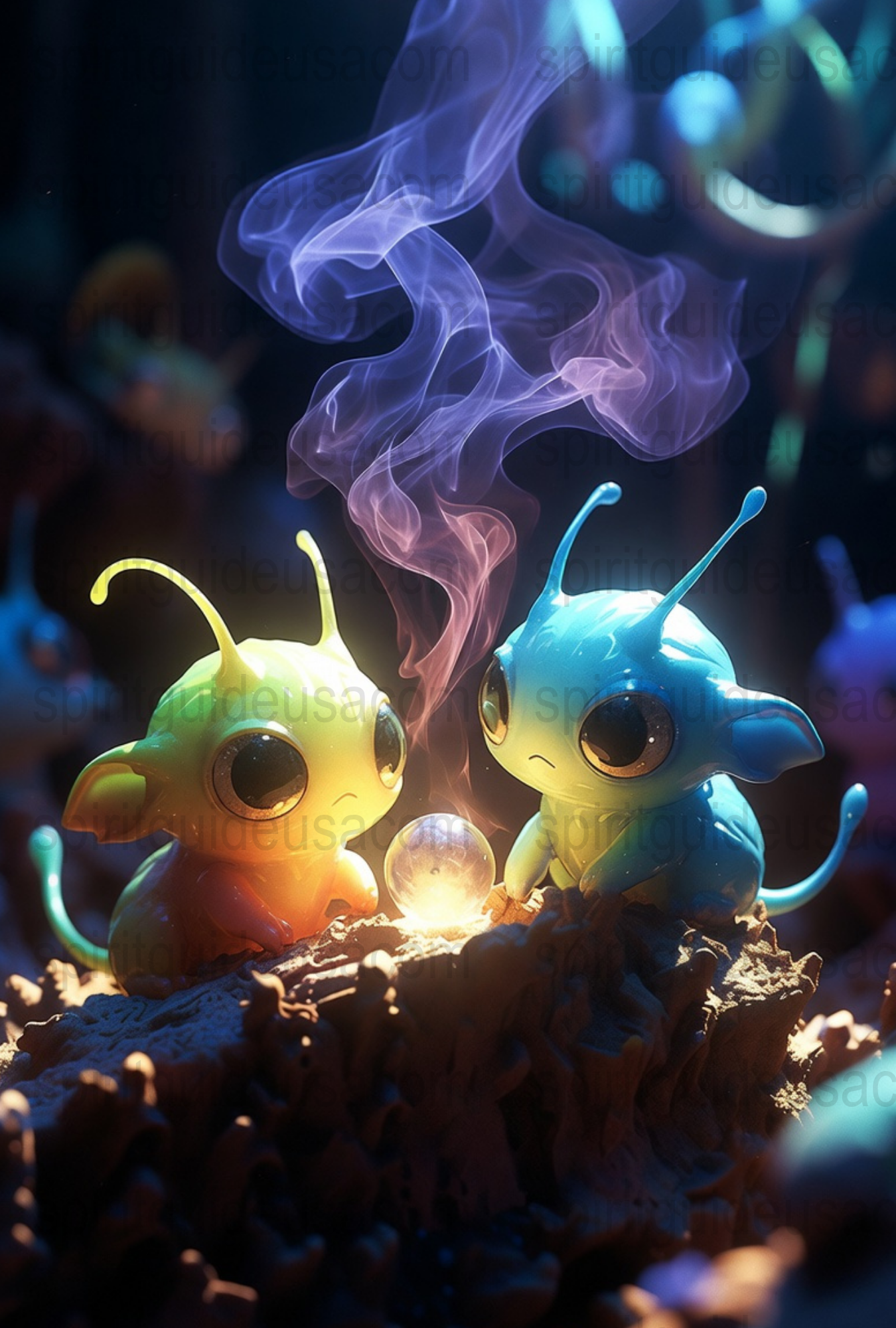 Mystical Glowing Creatures Art Print, Fantasy Neon Aliens with Crystal Orb, Enchanted Forest Theme Wall Decor, Colorful Illustration