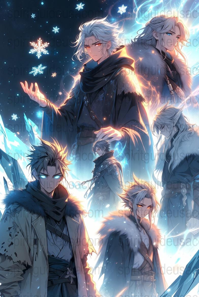 Fantasy Anime Art Print, Winter Theme, Magic Warriors, Snowflake Design, Wall Decor, Collectible Illustration