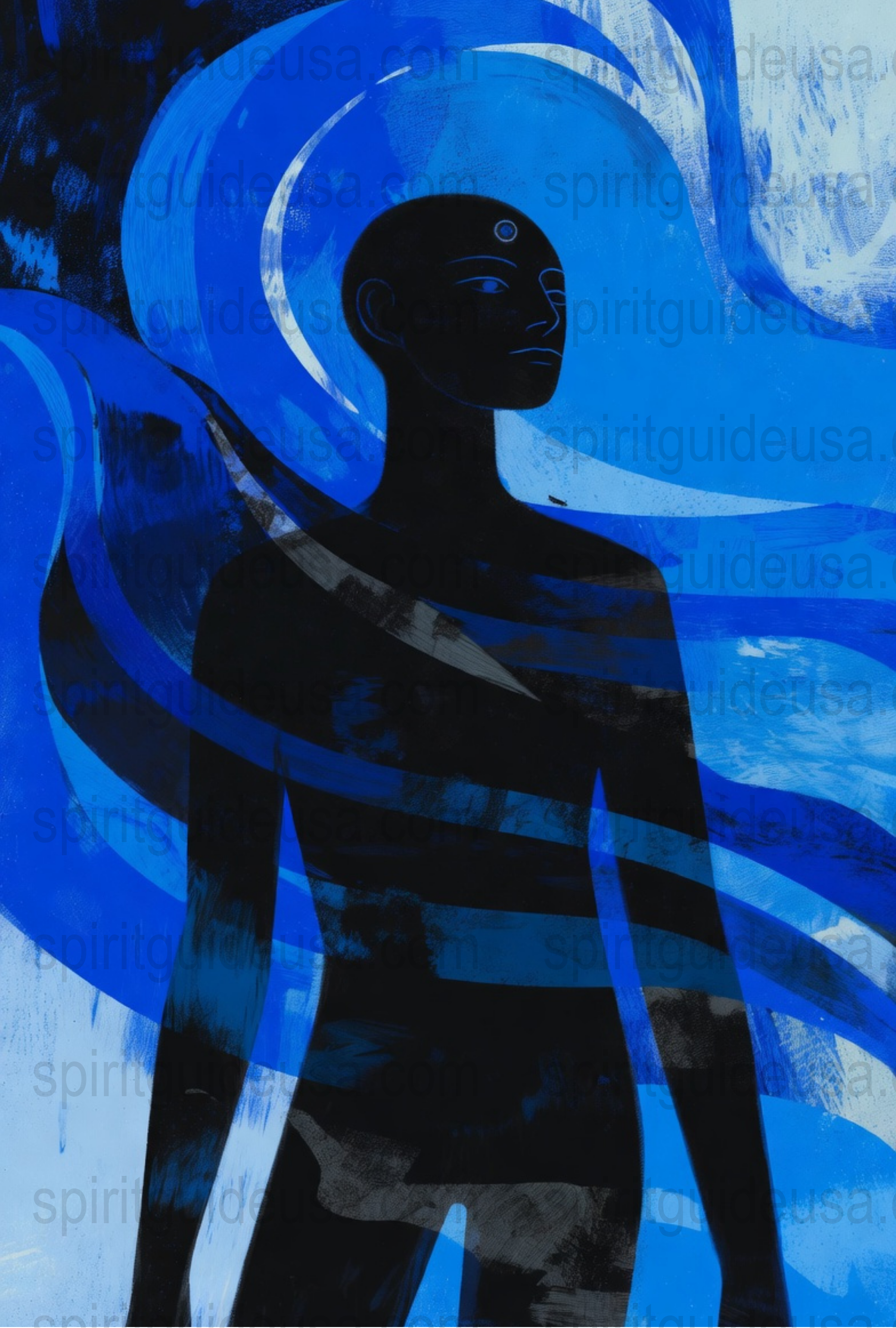 Abstract Blue and Black Art Print, Modern Spiritual Wall Decor, Mystical Figure Painting