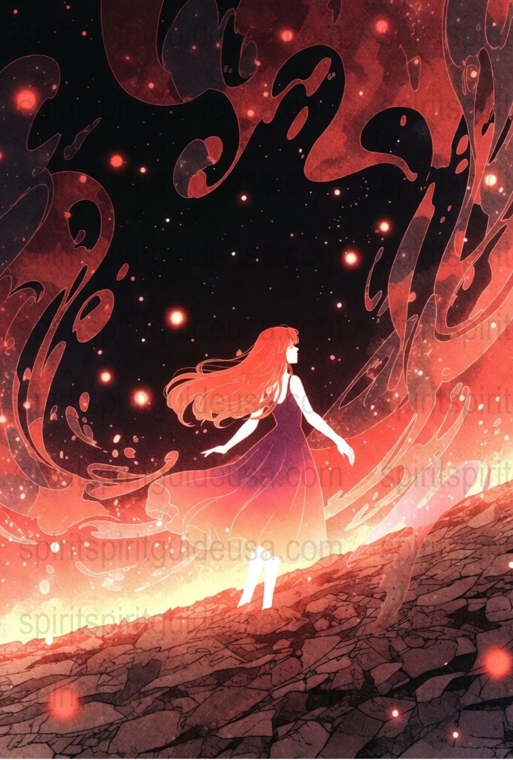 Enchanted Forest Night Sky Red Haired Girl Fantasy Art Print Poster