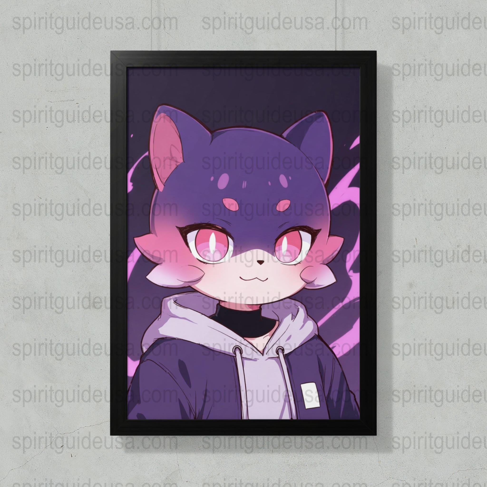 Anime Cat Art Print, Framed Purple Cartoon Cat Poster, Cute Wall Decor, Kawaii Room Decoration, Manga Style Cat Lover Gift Idea