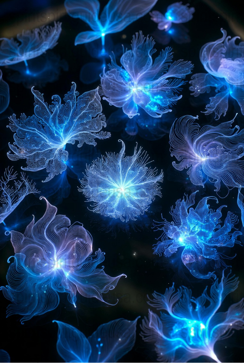 Mystical Blue Jellyfish Art Print, Ocean Life Glowing Creatures, Deep Sea Wall Decor, Marine Bioluminescence Poster, Home Decoration