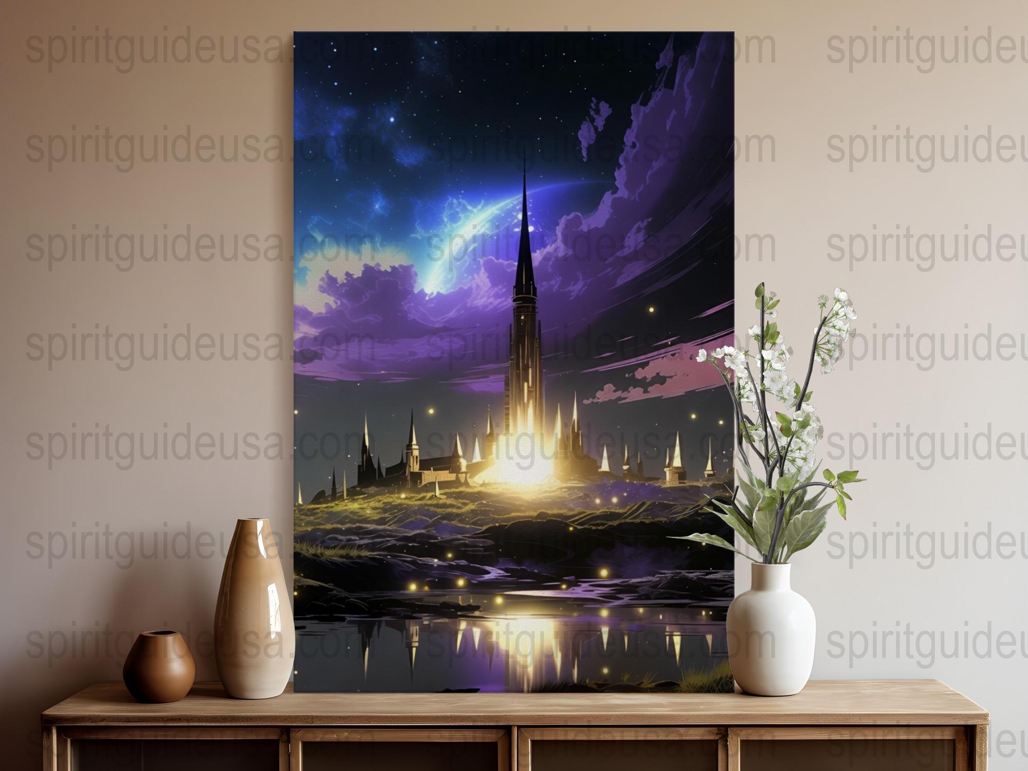 Fantasy Castle Art Print, Starry Night Sky Wall Decor, Enchanted Kingdom Canvas, Home Decoration