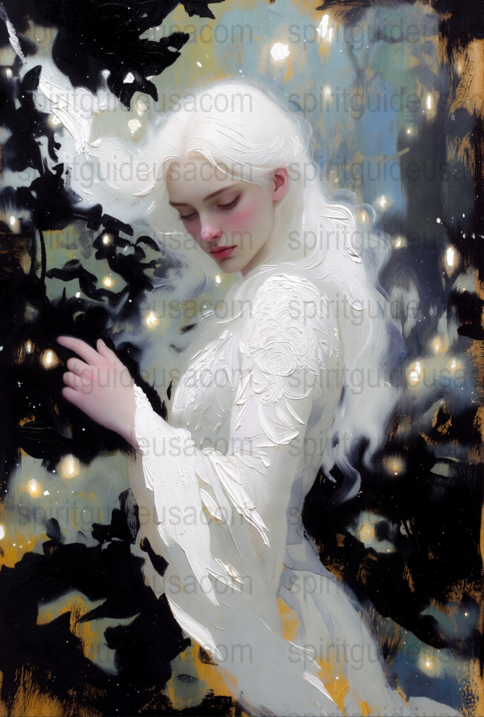 Fantasy Art Print, Ethereal Woman with White Dress, Celestial Background, Decorative Wall Art, Mystical Poster, Elegant Home Decor