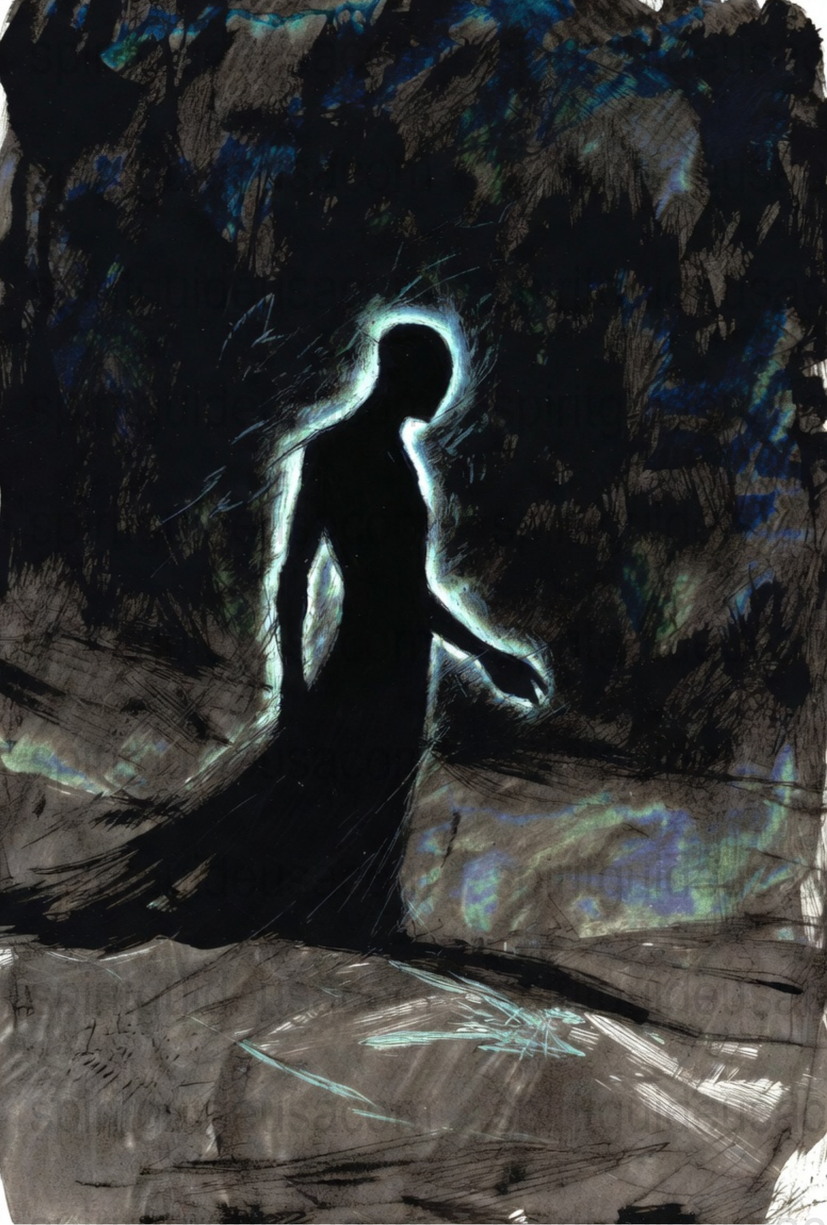 Abstract Art Print, Mysterious Silhouette with Aurora, Dark Moody Wall Decor, Ethereal Landscape Poster, Unique Home Artwork