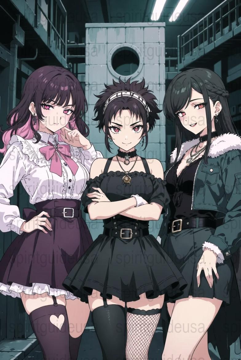 Anime Girl Group Poster, Urban Style, Cool Dark Goth Fashion, Wall Art Decor, Unique Illustration, Gift for Manga Fans