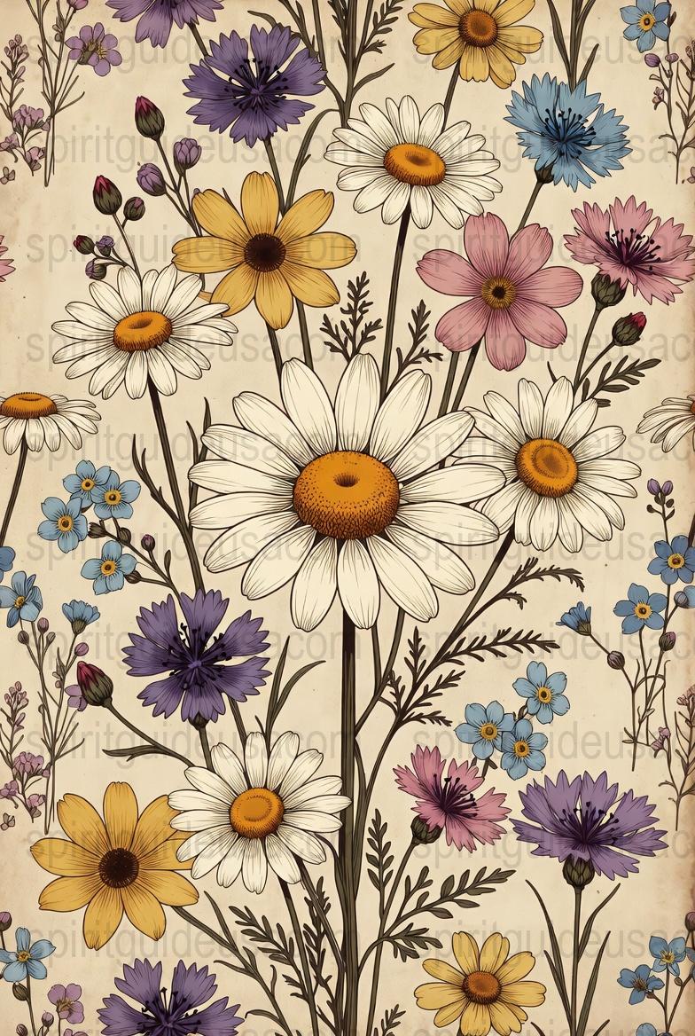 Vintage Floral Wallpaper, Antique Botanical Print, Yellow Blue Pink Flowers, Rustic Home Decor, Bedroom Living Room Wall Art