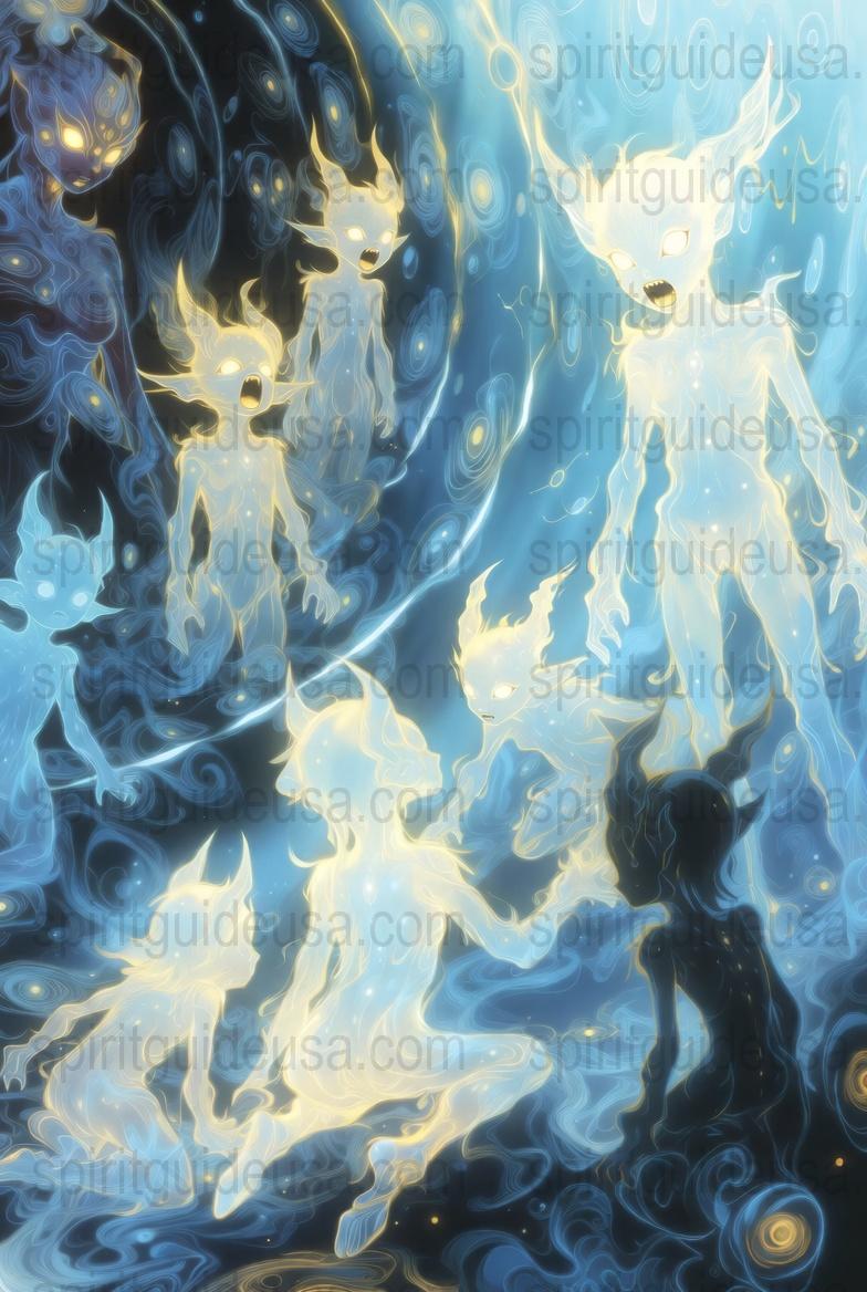 Mystical Blue Spirits Art Print, Ethereal Fantasy Wall Decor, Enchanting Ghostly Figures Poster