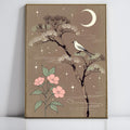Vintage-Inspired Botanical Print, Bird and Floral Art, Moon Phase Wall Decor, Celestial Theme Poster
