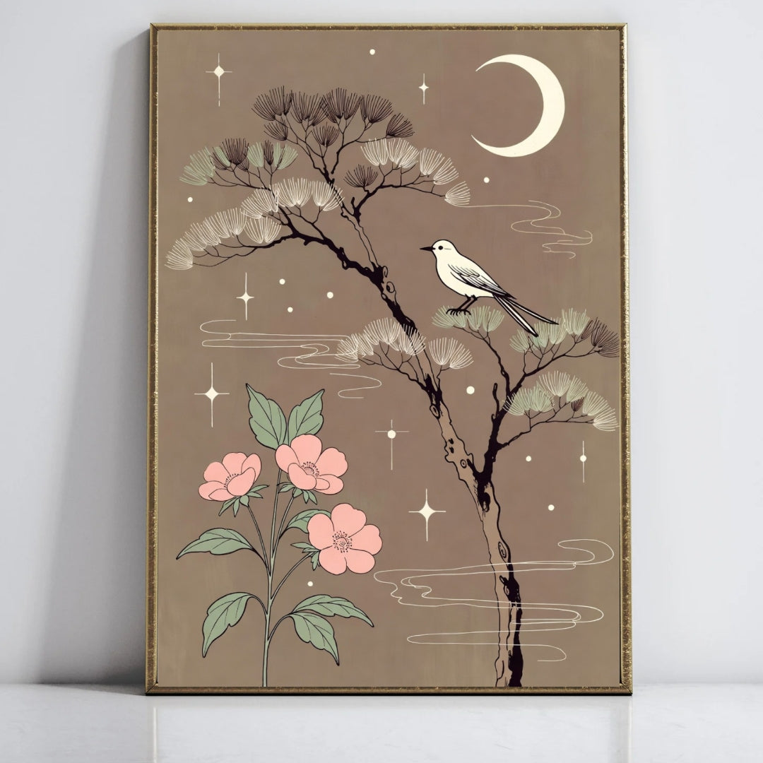 Vintage-Inspired Botanical Print, Bird and Floral Art, Moon Phase Wall Decor, Celestial Theme Poster