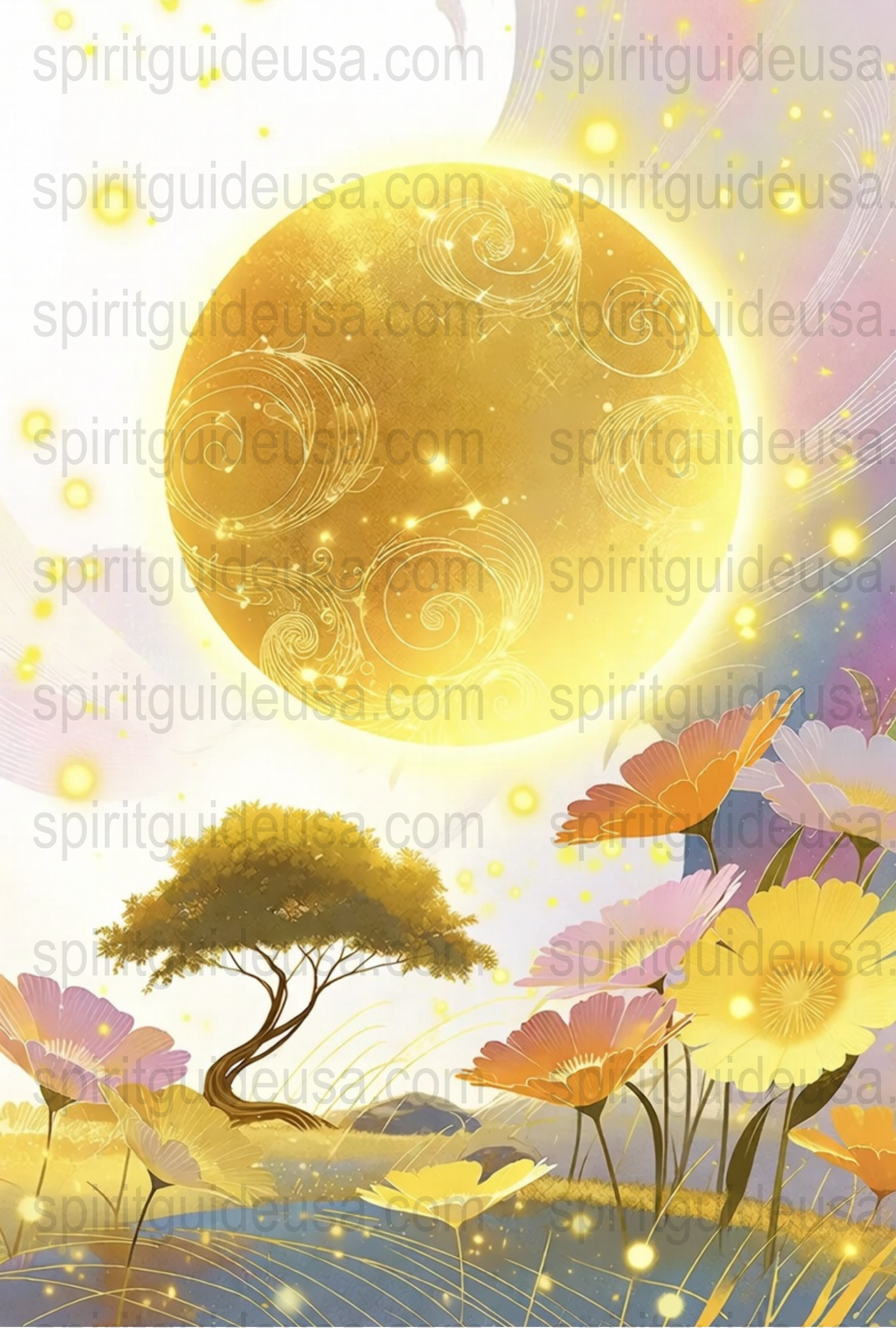 Mystical Golden Moon Large Wall Art Print, Fantasy Nature Landscape, Vibrant Floral Decor