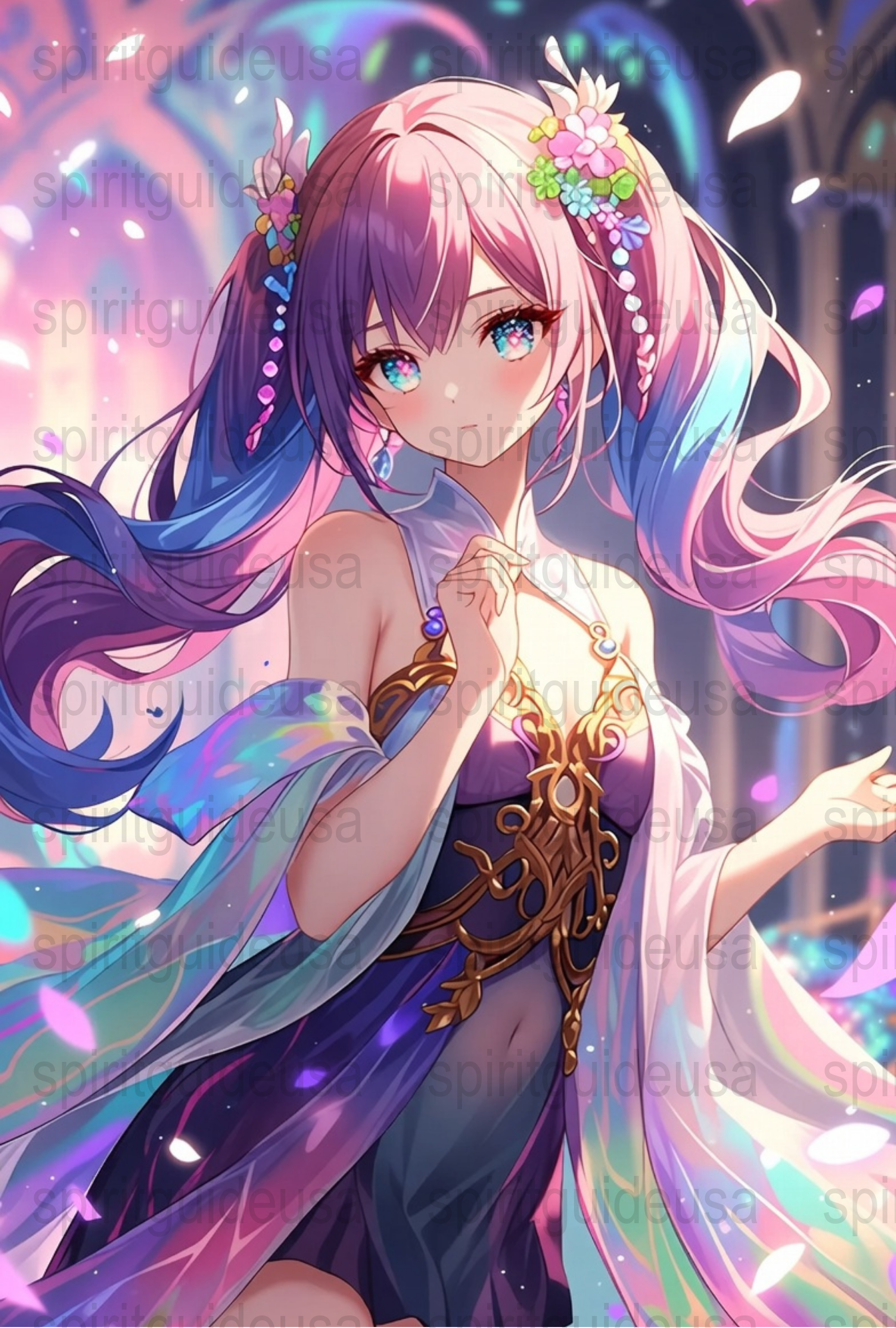 Anime Girl Poster, Fantasy Art Print, Floral Hair, Magical, Colorful, Bedroom Wall Decor, Gift Idea