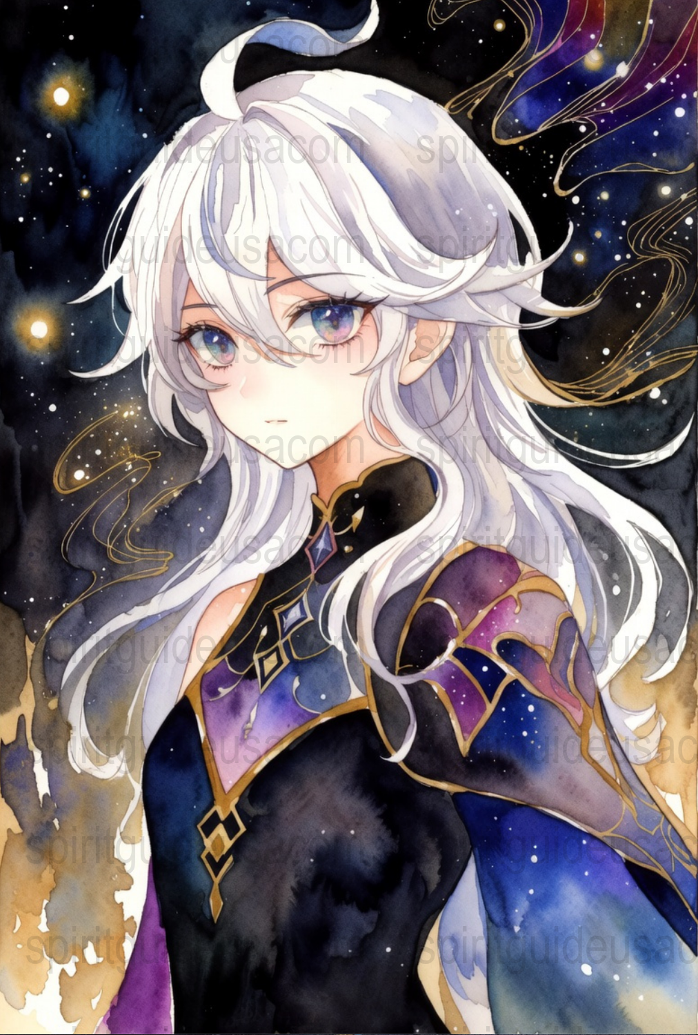 Anime Art Print, Fantasy Elf Girl, Starry Night Background, Watercolor Illustration, Wall Decor