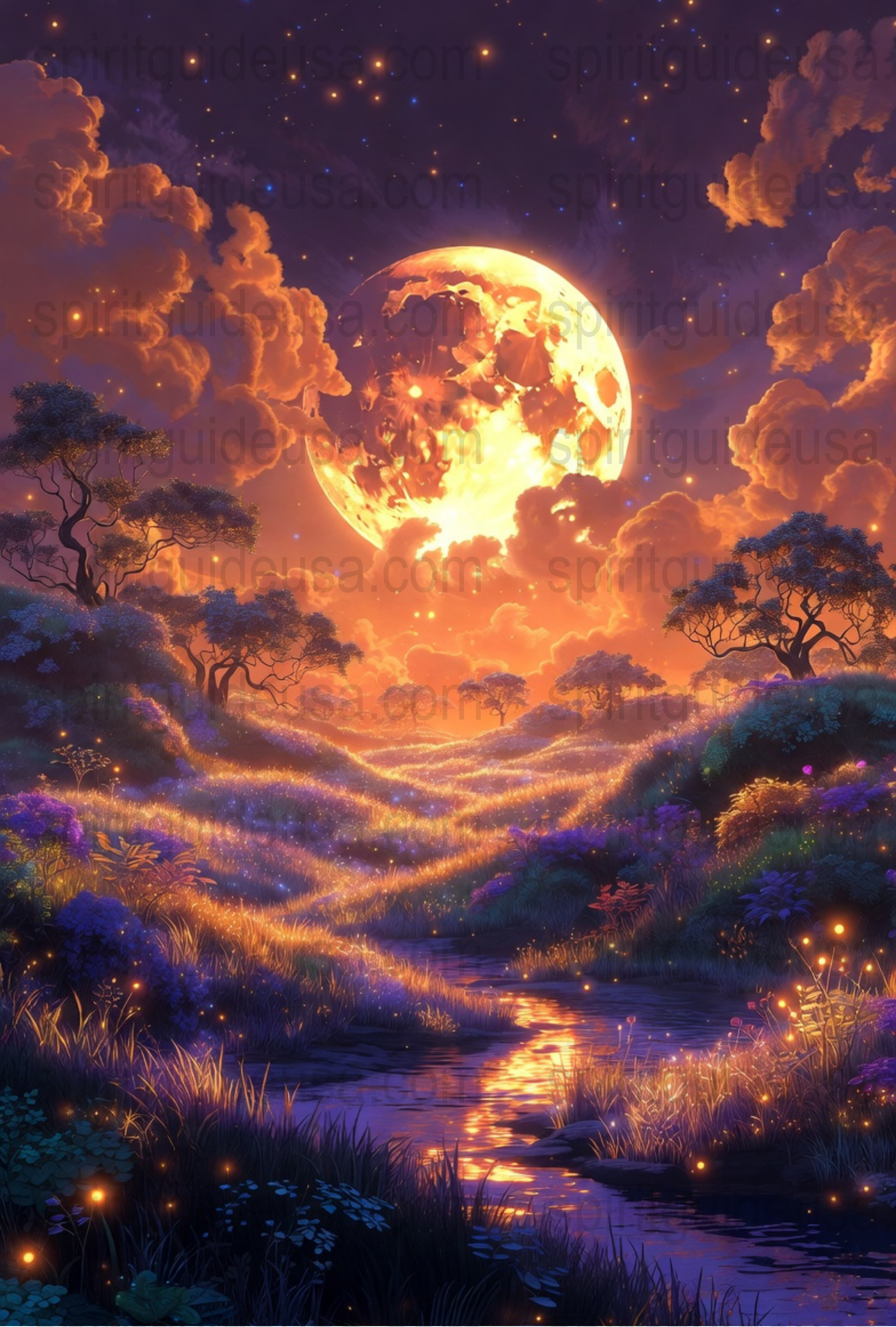 Enchanted Moonlight Landscape Poster, Fantasy Full Moon Art Print, Magical Forest Wall Decor, Dreamy Nature Illustration, Twilight Scenery