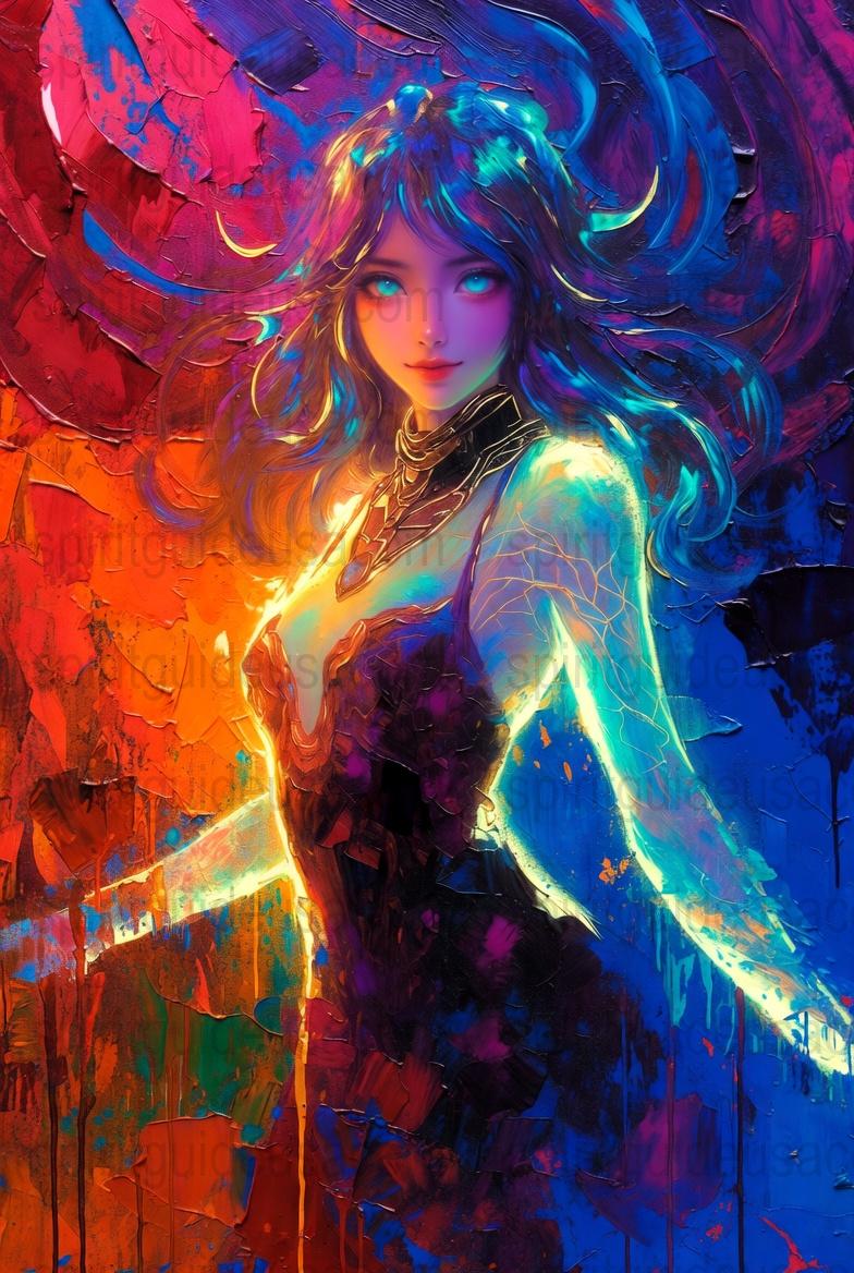 Colorful Fantasy Anime Art Print, Vibrant Abstract Girl Wall Decor, Unique Cyberpunk Style Poster