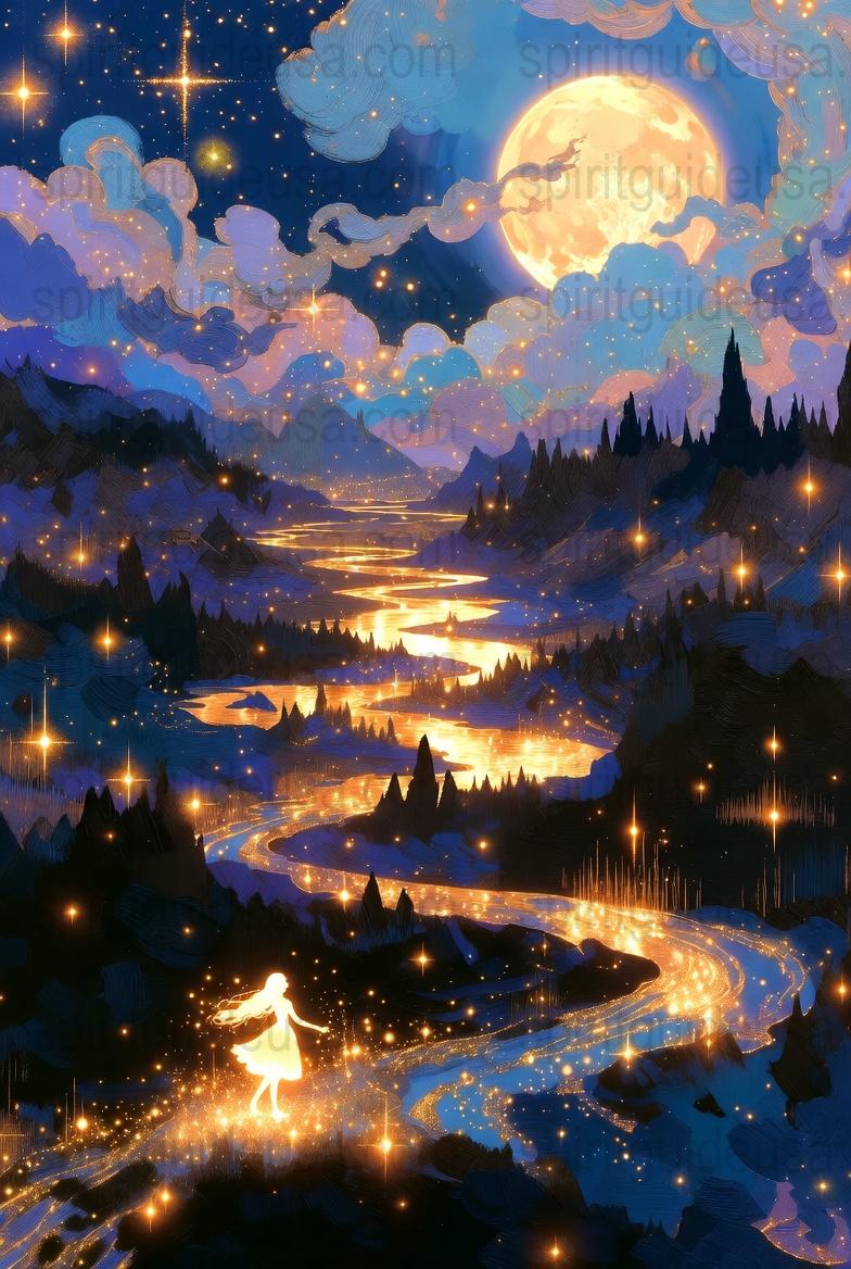 Mystical Night Landscape Art Print, Starry Sky, River Glow, Forest Scene, Enchanted Wall Decor