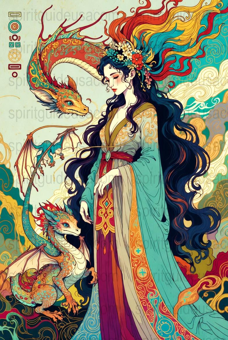 Vibrant Fantasy Art Print, Mythical Dragon and Elegant Woman, Colorful Wall Decor, Spiritual Enchanted Poster, Gift Idea