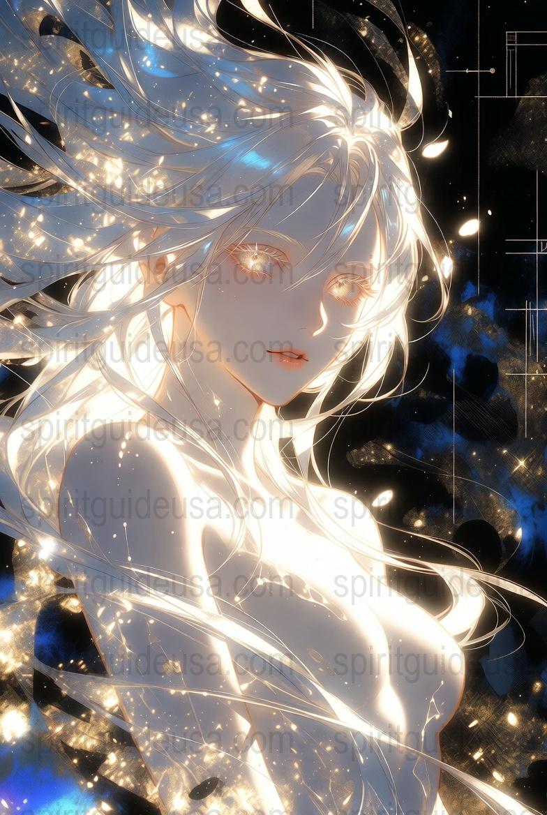 Anime Girl Art Print, Celestial Beauty, Blonde Hair, Luminous Eyes Digital Poster, Wall Decor, Fantasy Illustration, Starry Night Background