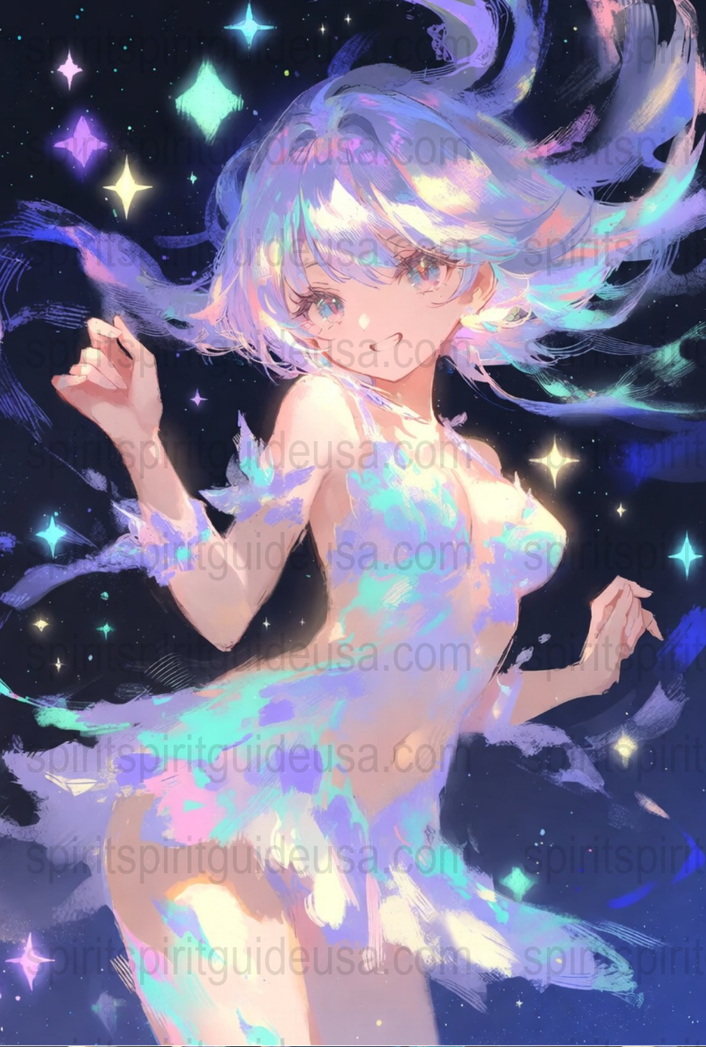 Anime Art Print, Starry Night Sky, Ethereal Blue Hair Girl, Sparkling Galaxy, Wall Decor, Fantasy Illustration, Magical Poster, Home