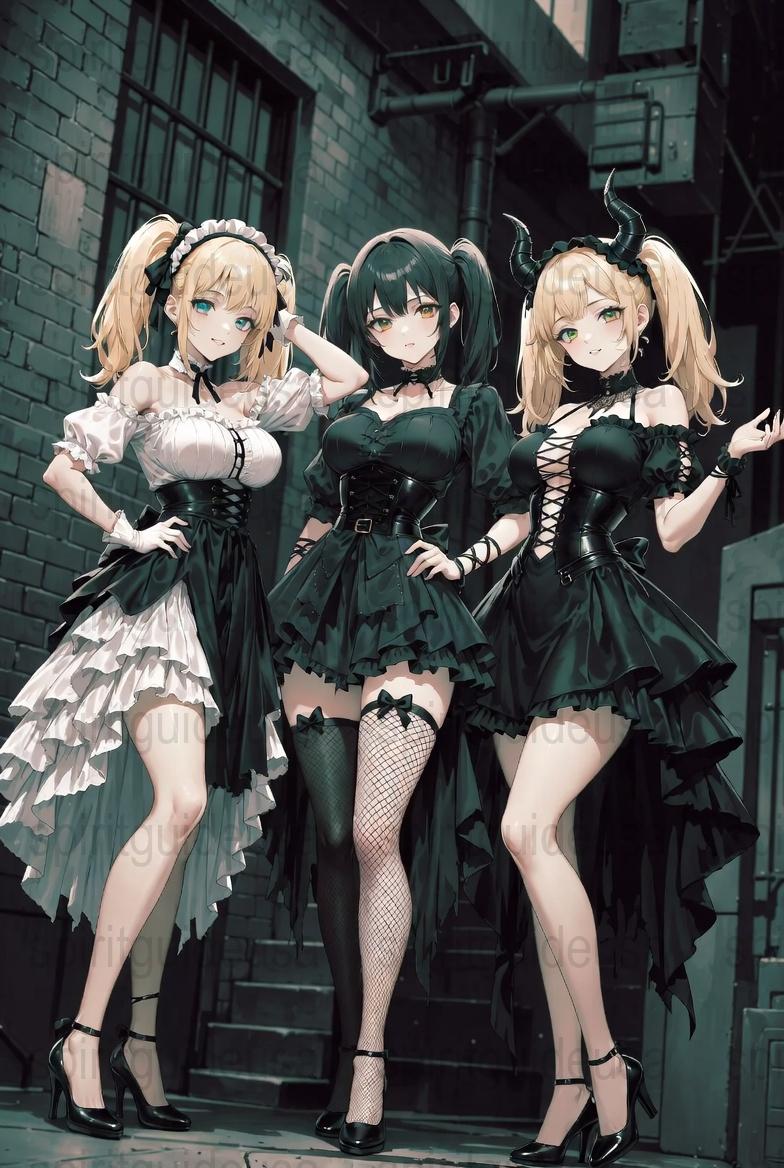 Anime Maid Girls Poster, Gothic Lolita Dresses, Horns and Wings, Dark Alley Background, Fantasy Art Print