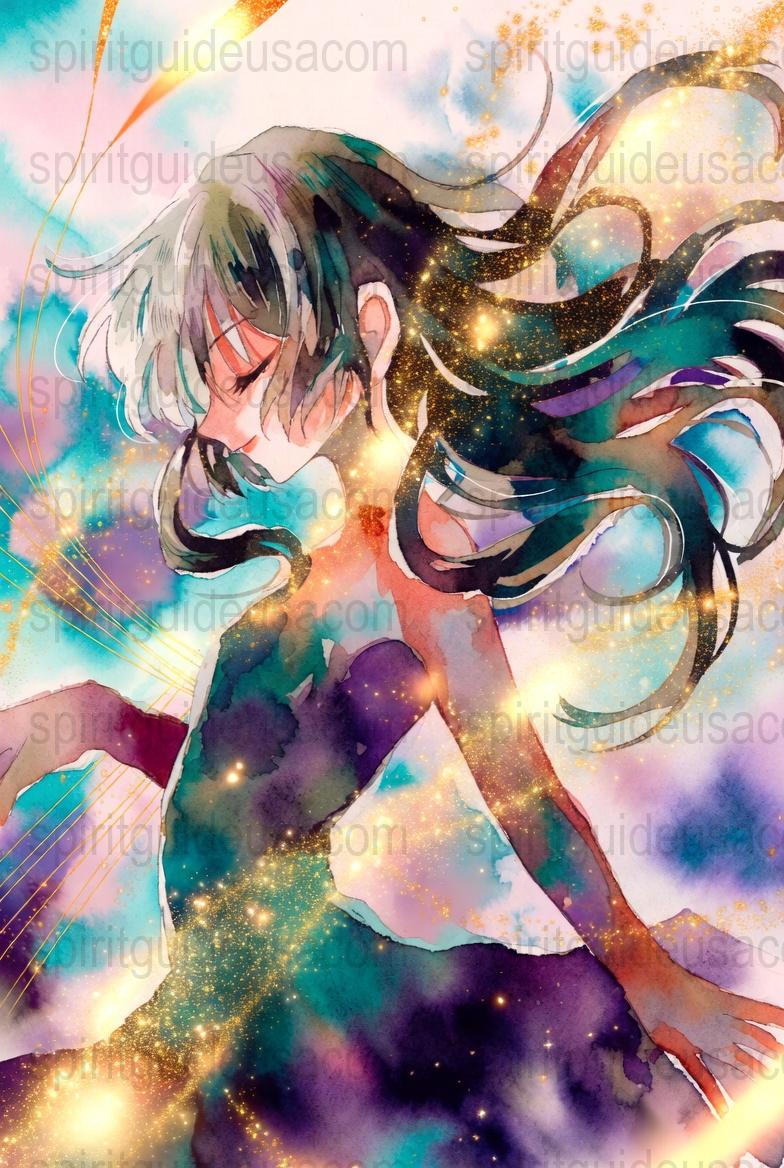 Watercolor Anime Art Print, Fantasy Starry Night Sky Girl, Aesthetic Room Decor, Anime Lover Gift, Mystical Celestial Poster, Colorful Wall