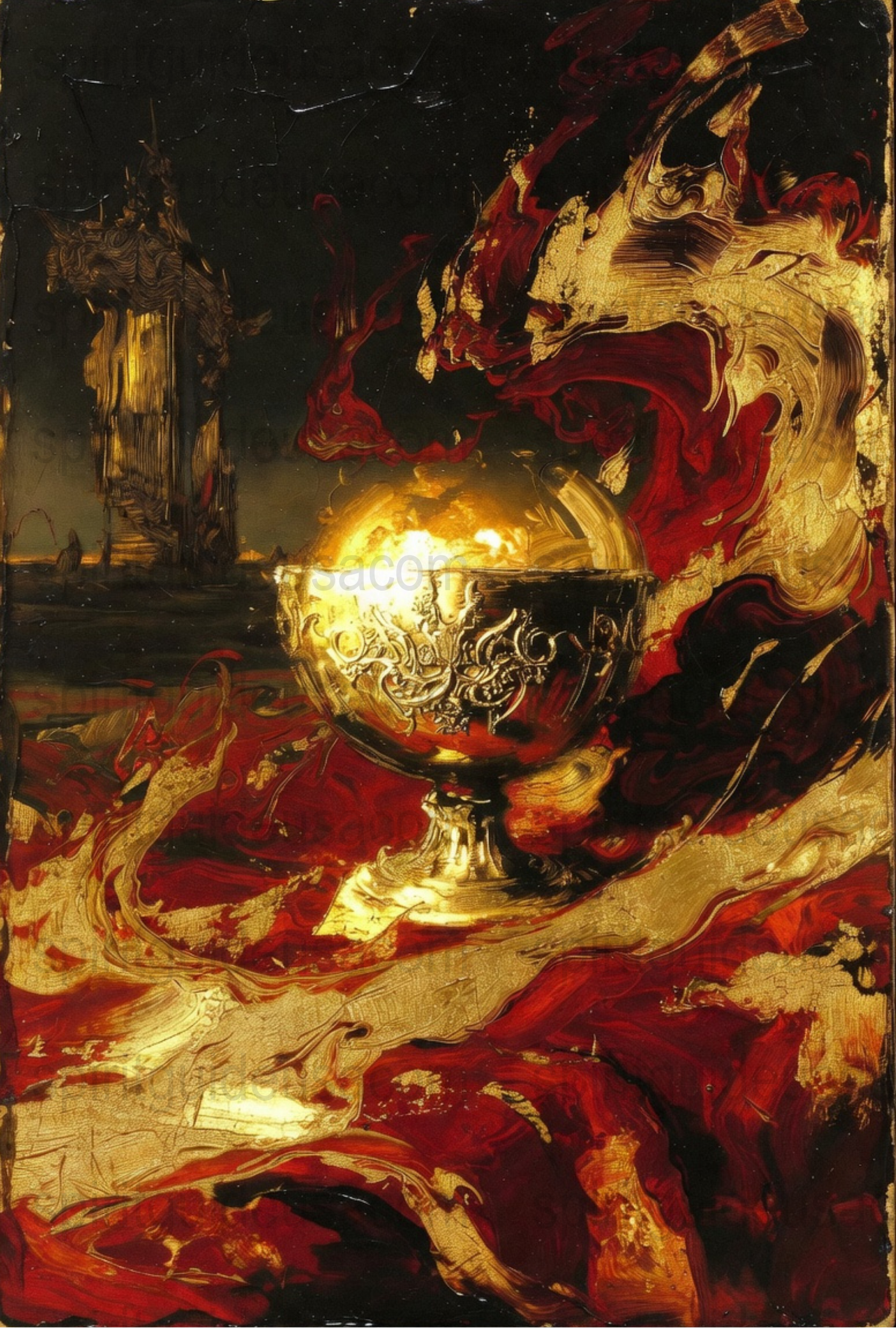 Luxurious Vintage Golden Orb Art Print, Abstract Fiery Red and Gold Textured Poster, Dramatic Home Decor Wall Art