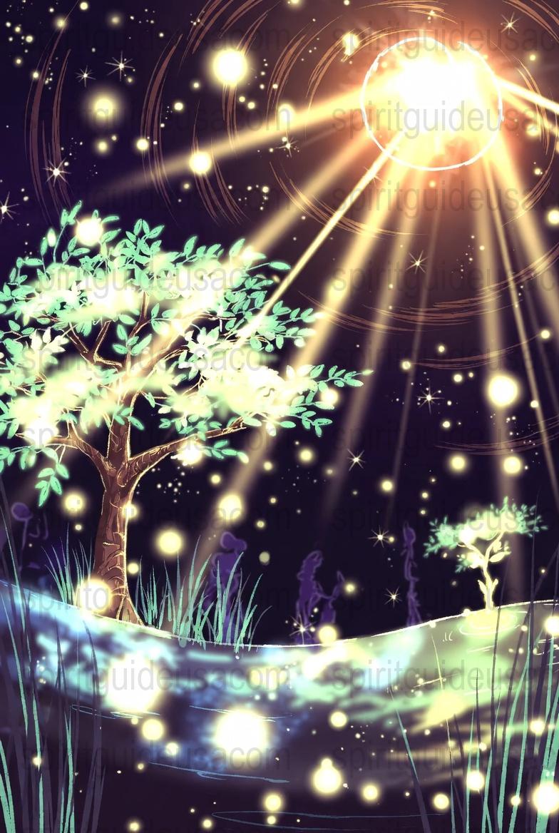 Magical Forest Light Tree Art Print, Enchanted Nature Landscape Illustration, Fantasy Wall Decor, Mystical Home Decoration