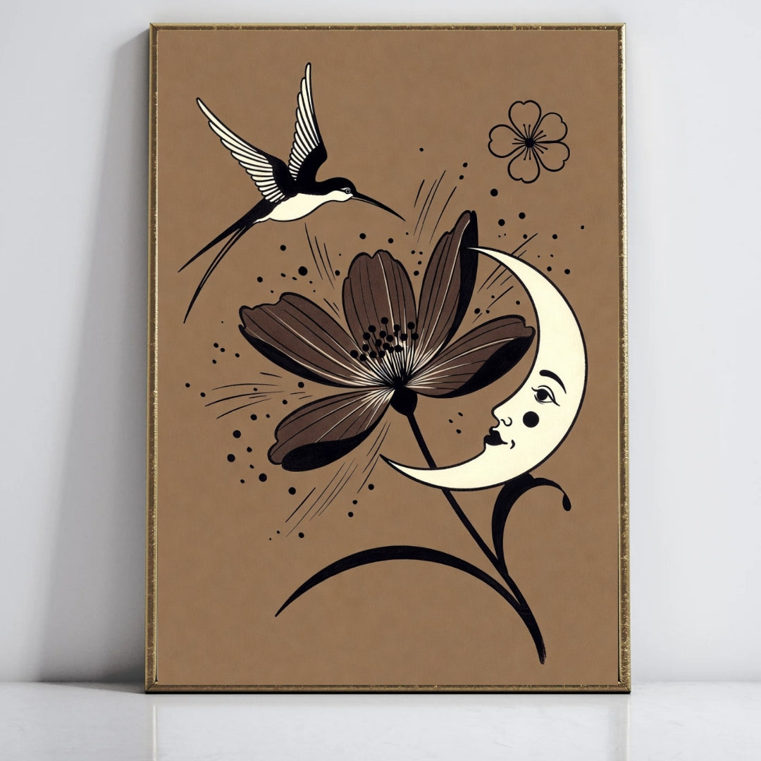 Vintage Moon and Swallow Wall Art, Floral Crescent Moon Poster, Bohemian Home Decor, Bird Illustration Print