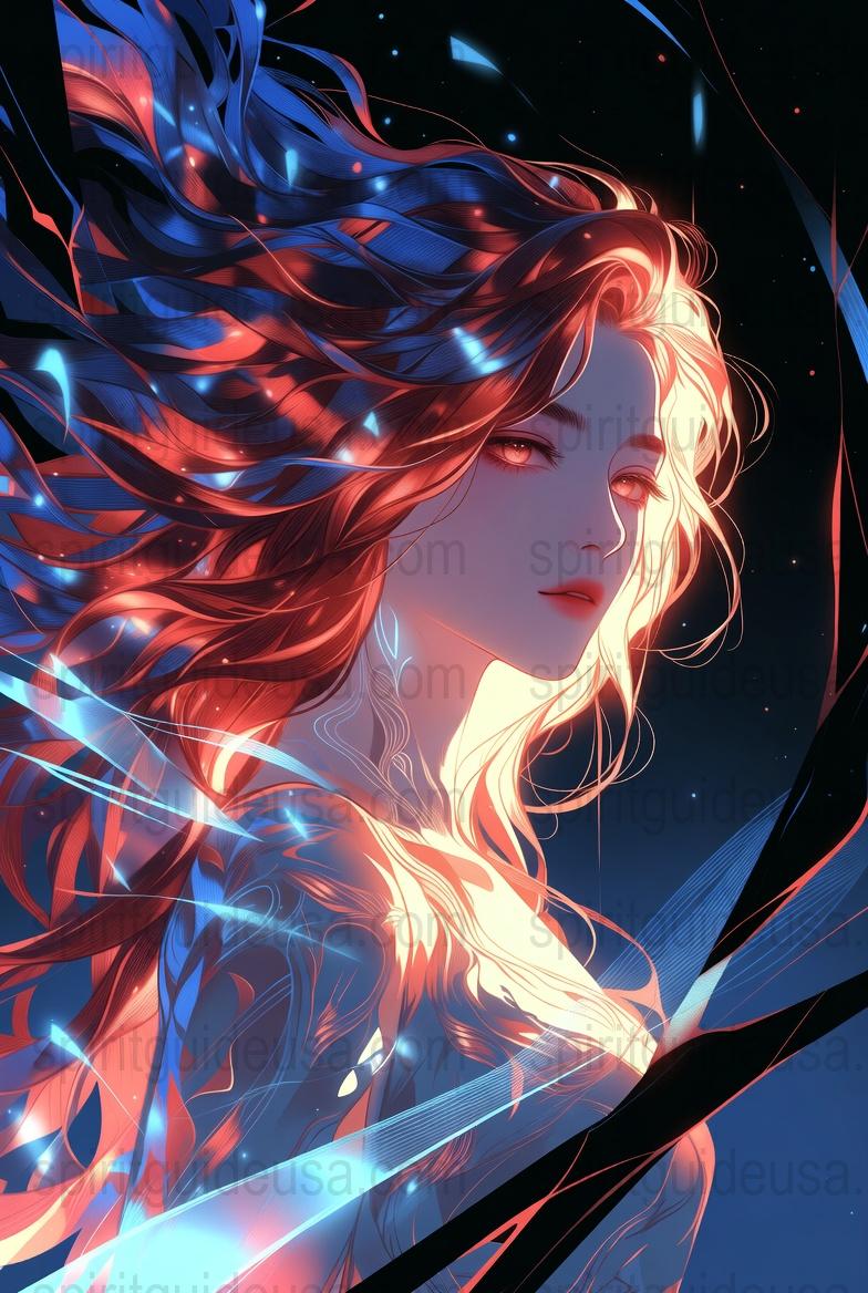Anime Wall Art, Vibrant Blue and Red Fantasy Girl Illustration, Celestial Decor, Poster Print, Digital Artwork, Mystical Room Decor