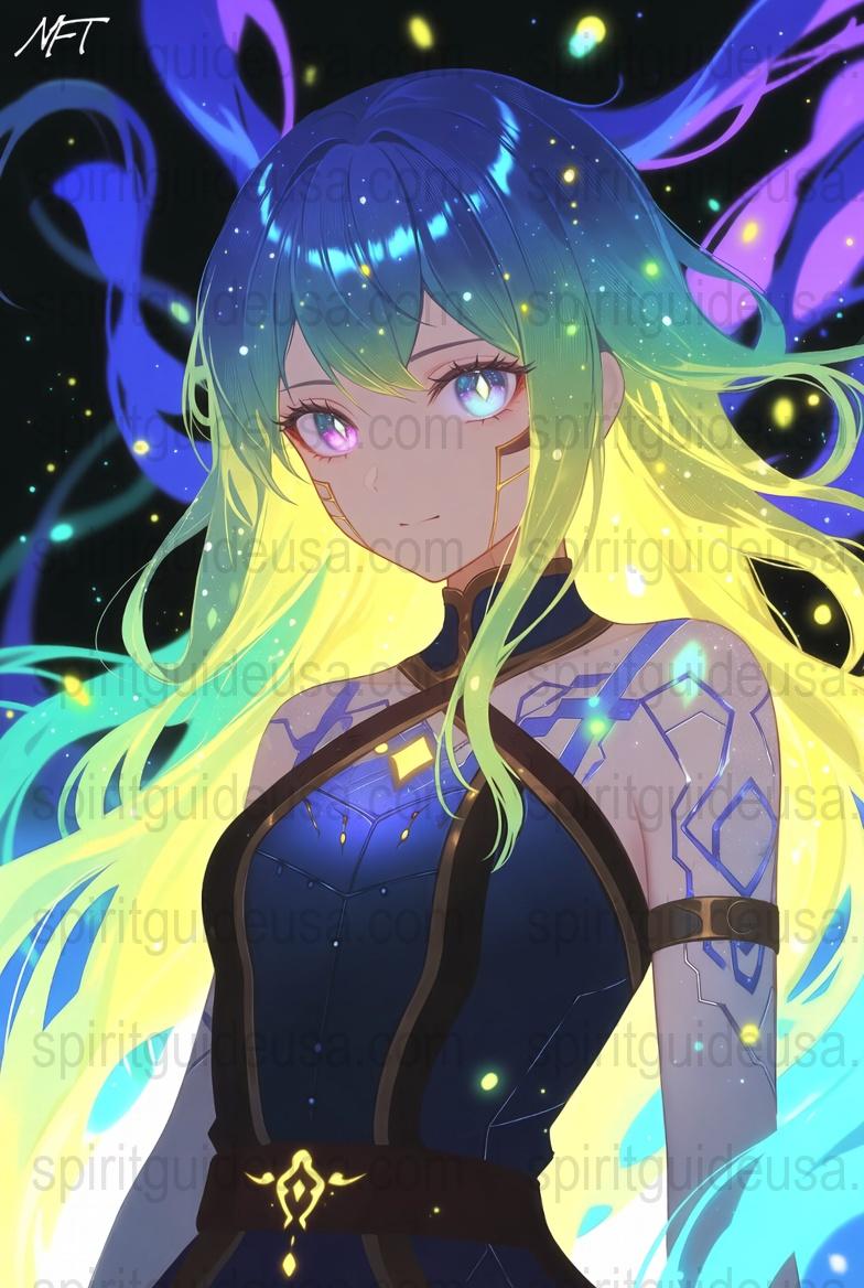 Anime Girl with Blue Hair and Green Eyes, Colorful Fantasy Digital Art Print, Vibrant Wall Decor