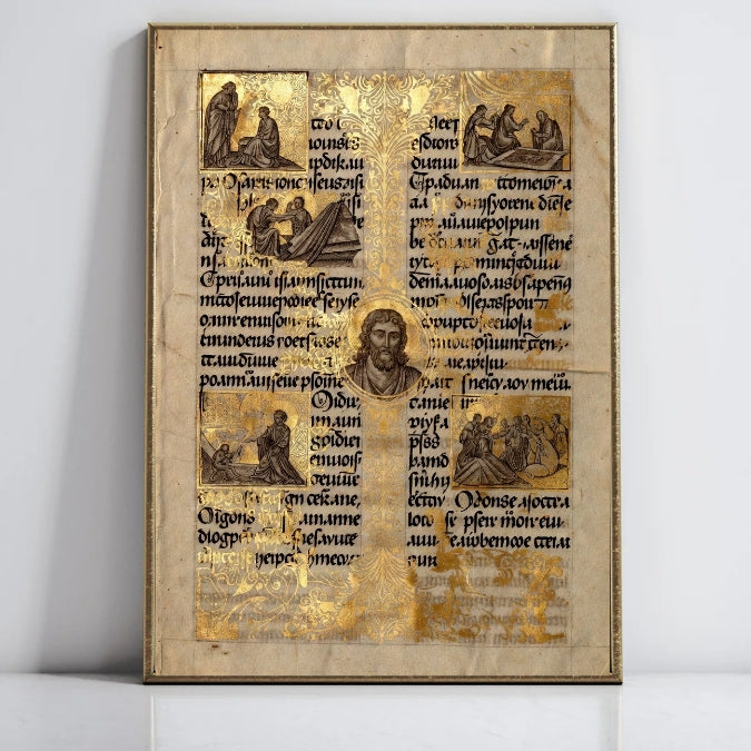 Vintage Illuminated Manuscript Print, Medieval Art Reproduction, Historical Document Poster, Gold Foil Wall Art Decor