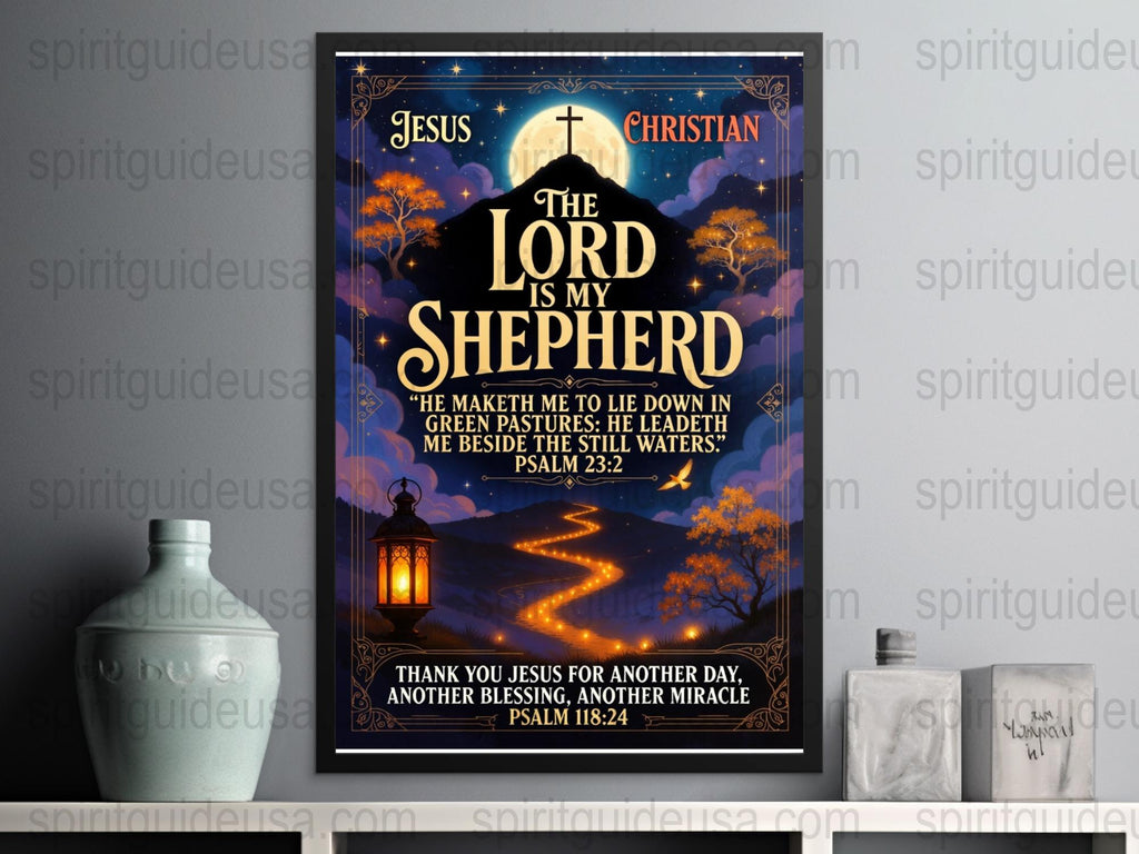 Christian Wall Art Poster, The Lord is My Shepherd Psalm 23:2, Religious Home Decor, Inspirational Quote Print, Moonlit Night Sky Design