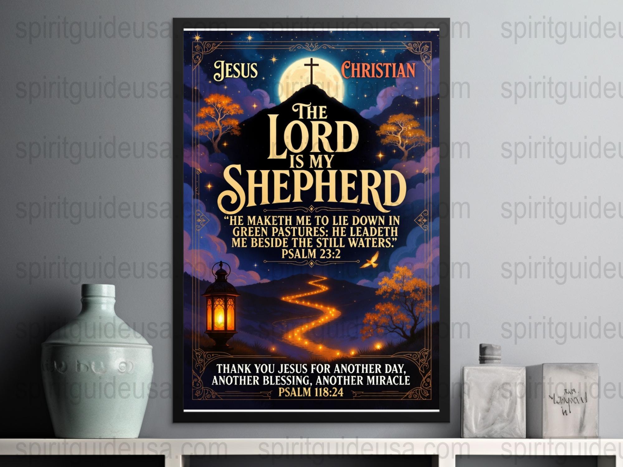 Christian Wall Art Poster, The Lord is My Shepherd Psalm 23:2, Religious Home Decor, Inspirational Quote Print, Moonlit Night Sky Design