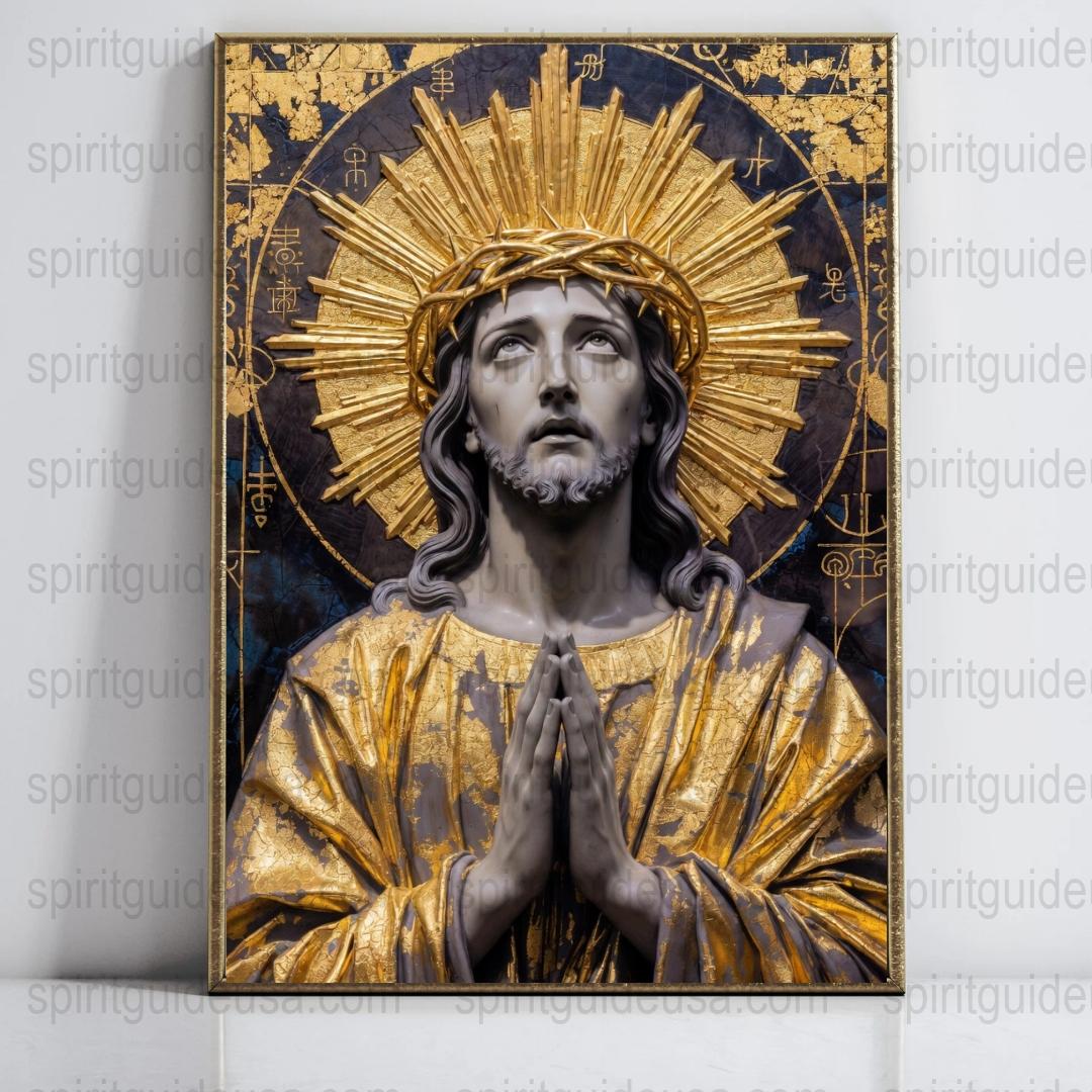 Religious Art Print, Jesus Christ in Prayer, Golden Halo, Vintage Spiritual Wall Decor, Christian Iconography, Religious Gift Idea